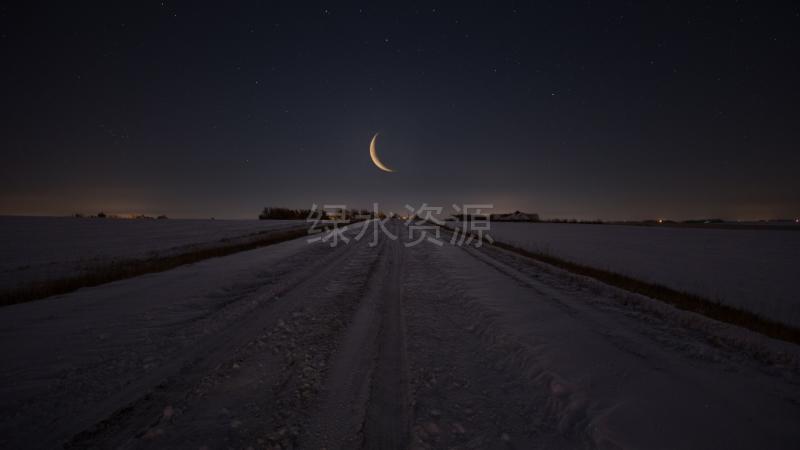 冬天,夜晚,平原,雪,月亮,星星,道路,一望无际,风景桌面壁纸