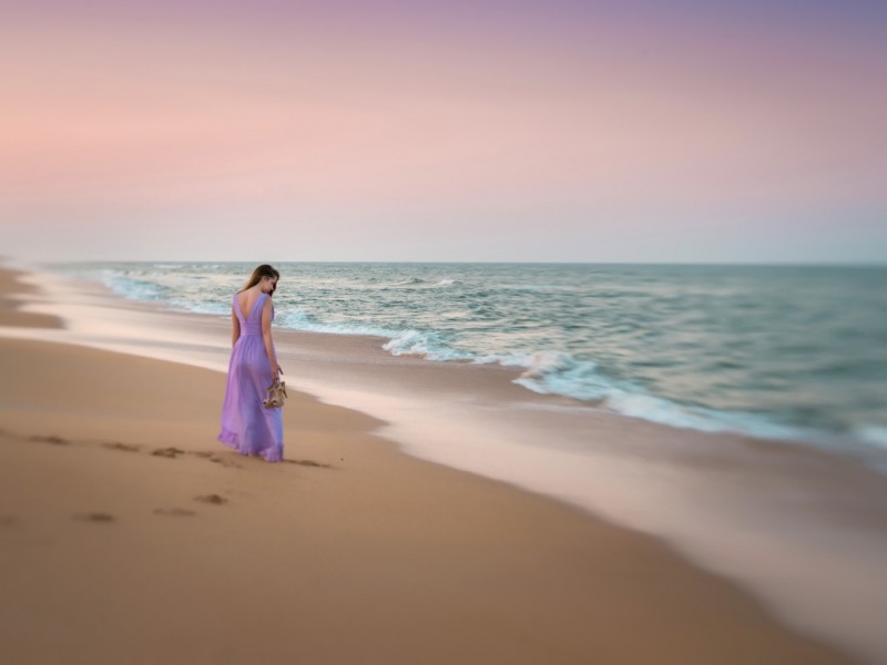 女孩,裙子,高跟鞋,大海,沙滩,沙子,唯美风景壁纸