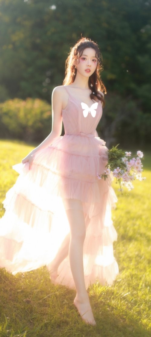森林小仙女 唯美 粉色婚纱裙子 美腿 鲜花 高清手机壁纸